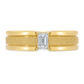 A yellow gold ring with a textured center band, a smooth outer band, and a rectangular emerald-cut diamond in the middle, shown on a plain white background.