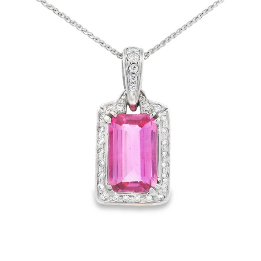 14K White Gold - Pink Sapphire & Diamond Pendant - 9744