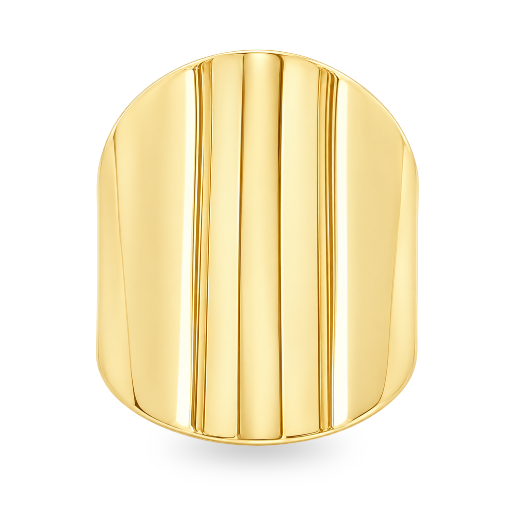 Yellow gold wide tapered band set on a white background.