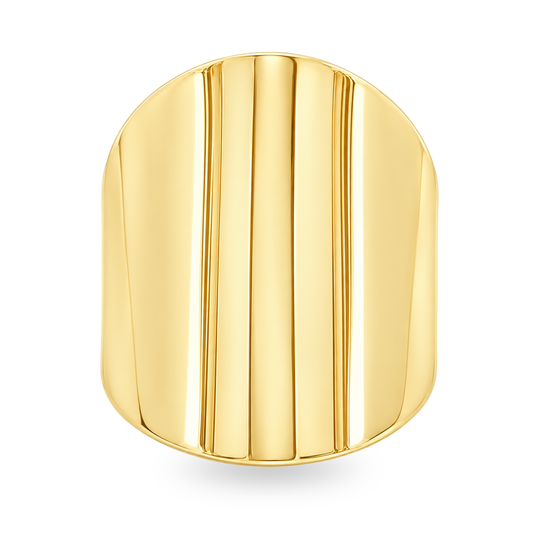 Yellow gold wide tapered band set on a white background.