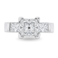 A three-stone diamond ring featuring a large princess-cut center diamond flanked by two smaller princess-cut side diamonds, set in a polished white gold band on a clean white background.