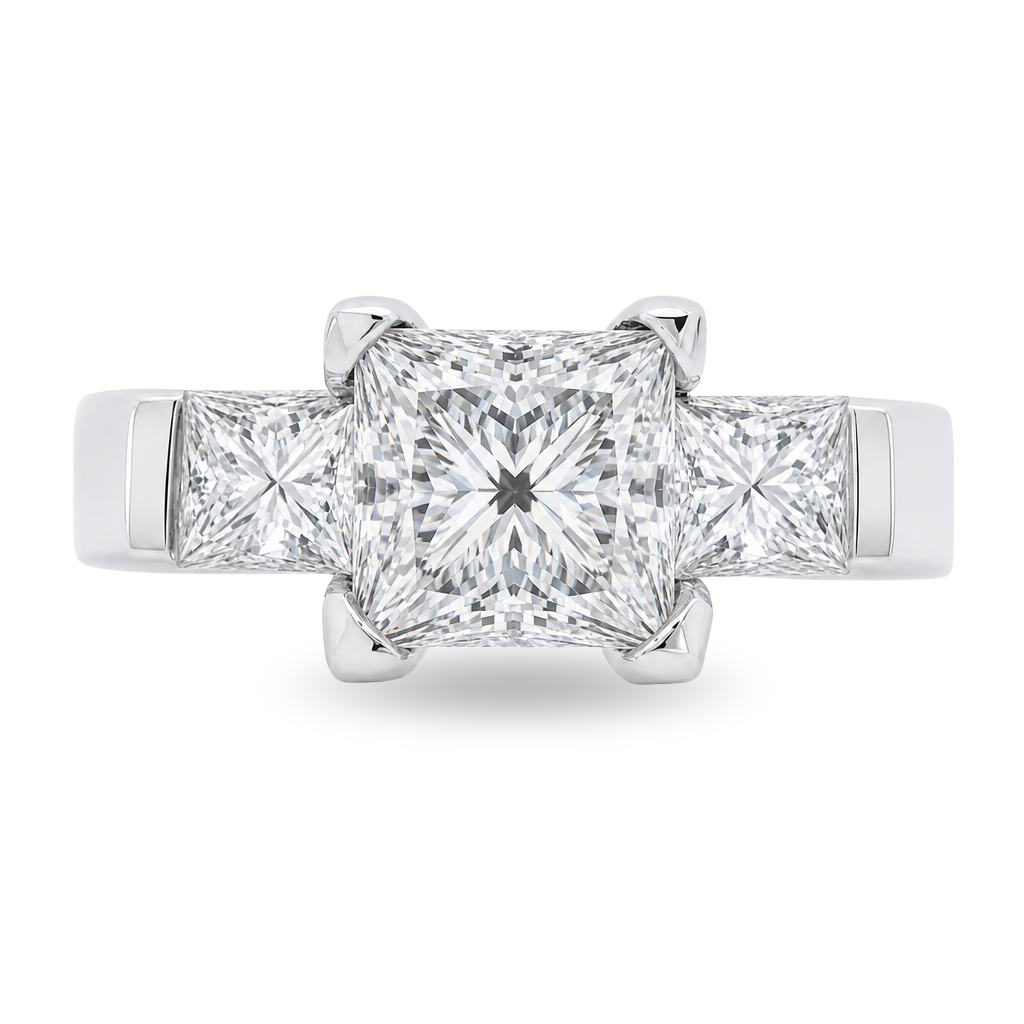 A three-stone diamond ring featuring a large princess-cut center diamond flanked by two smaller princess-cut side diamonds, set in a polished white gold band on a clean white background.