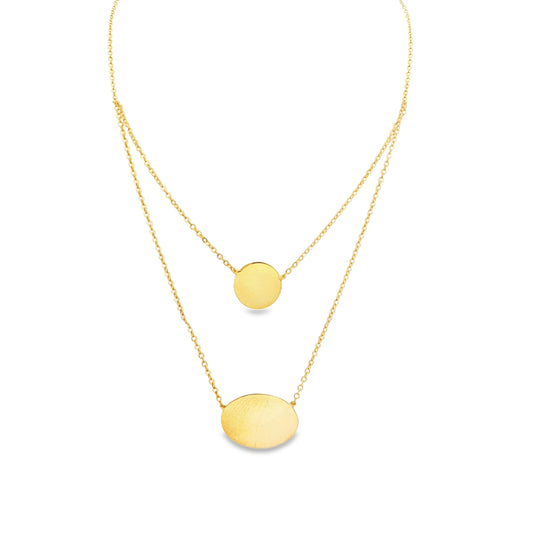 14K Yellow gold double strand necklace with an oval and round engraving plate. Item J31812 - ABC Jewelry Co. 