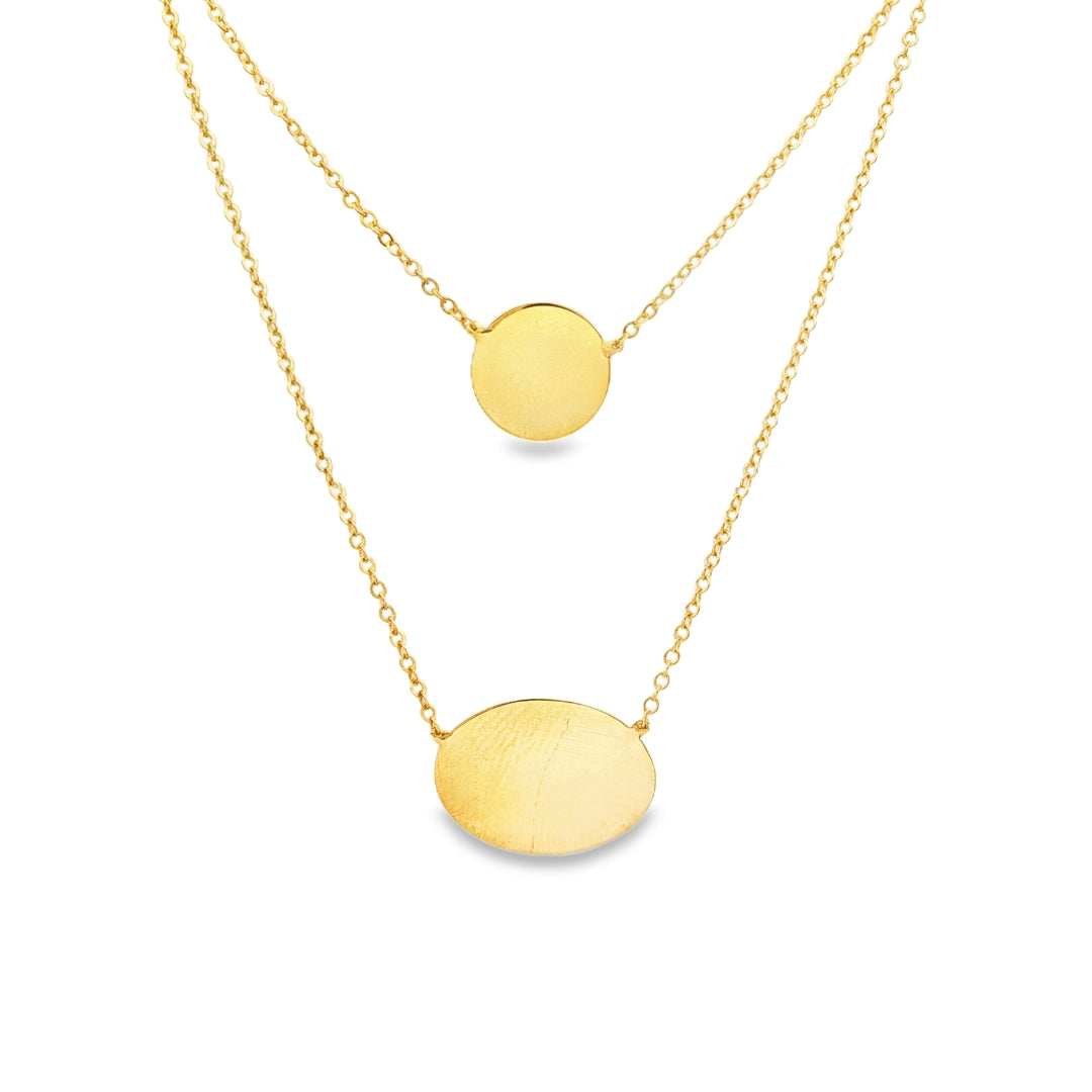 14K Yellow gold double strand necklace with an oval and round engraving plate. Item J31812 - ABC Jewelry Co. 