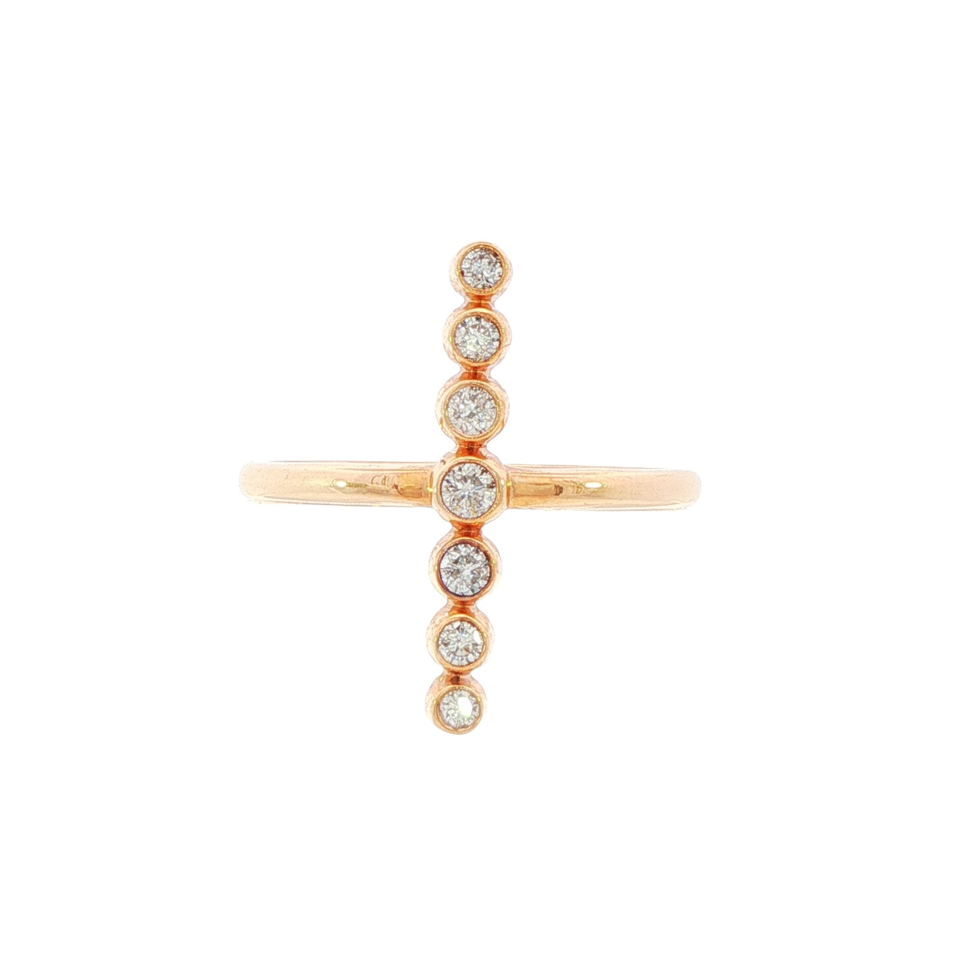 14K Rose gold ring with a vertical bar of bezel set diamonds. Item J31309 - ABC Jewelry Co. 