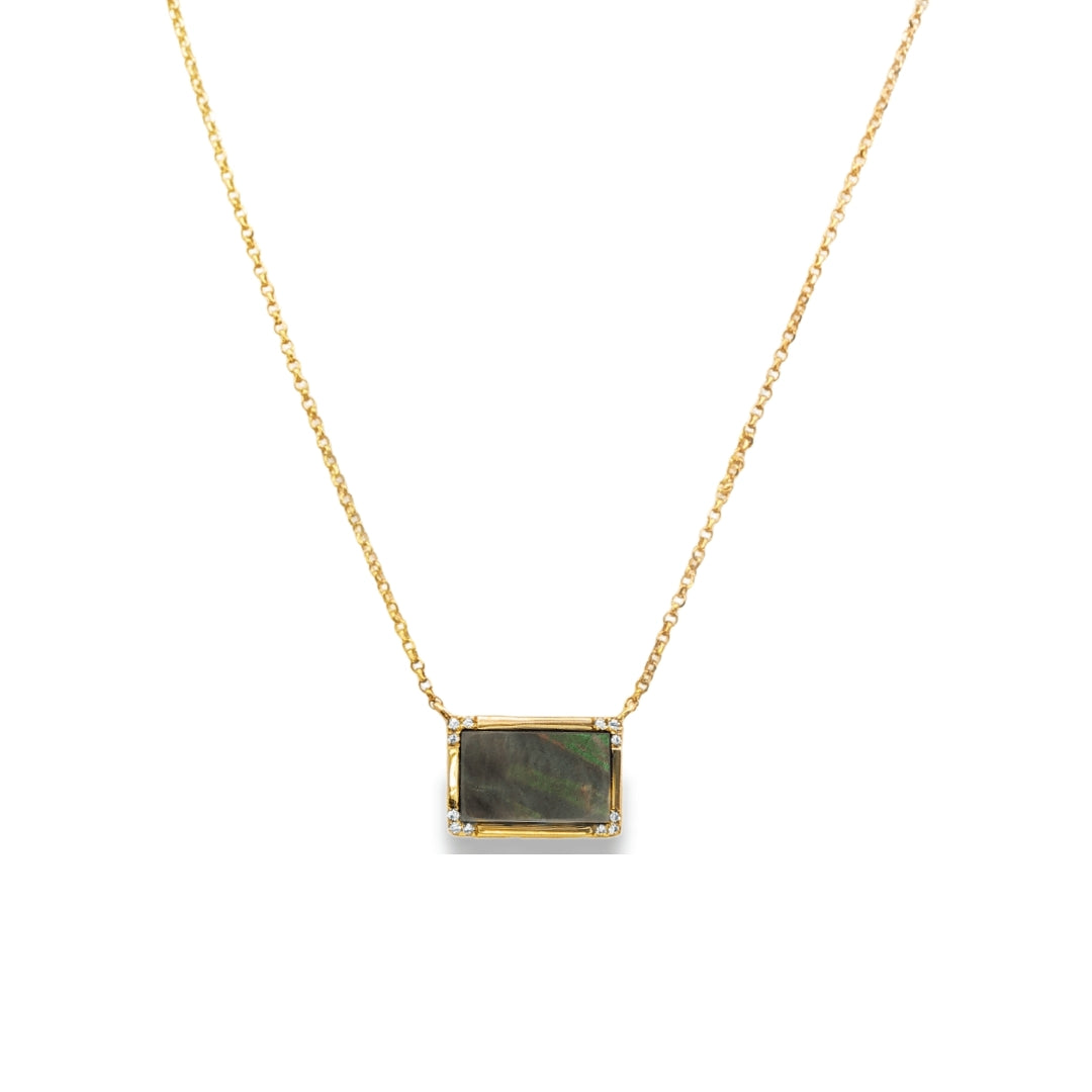 14K Yellow gold pendant necklace set with black mother of pearl. Item J31812 - ABC Jewelry Co