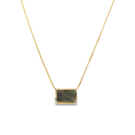 14K Yellow gold pendant necklace set with black mother of pearl. Item J31812 - ABC Jewelry Co