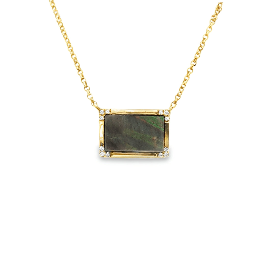 14K Yellow gold pendant necklace set with black mother of pearl. Item J31812 - ABC Jewelry Co