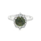 14K White gold ring set with a round green sapphire surrounded by a halo of round diamonds. Item, J31925 - ABC Jewelry Co.