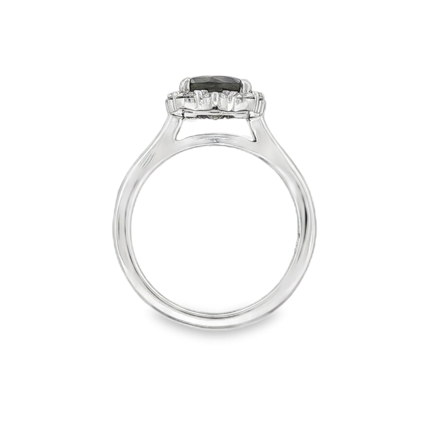 14K White gold ring set with a round green sapphire surrounded by a halo of round diamonds. Item, J31925 - ABC Jewelry Co.