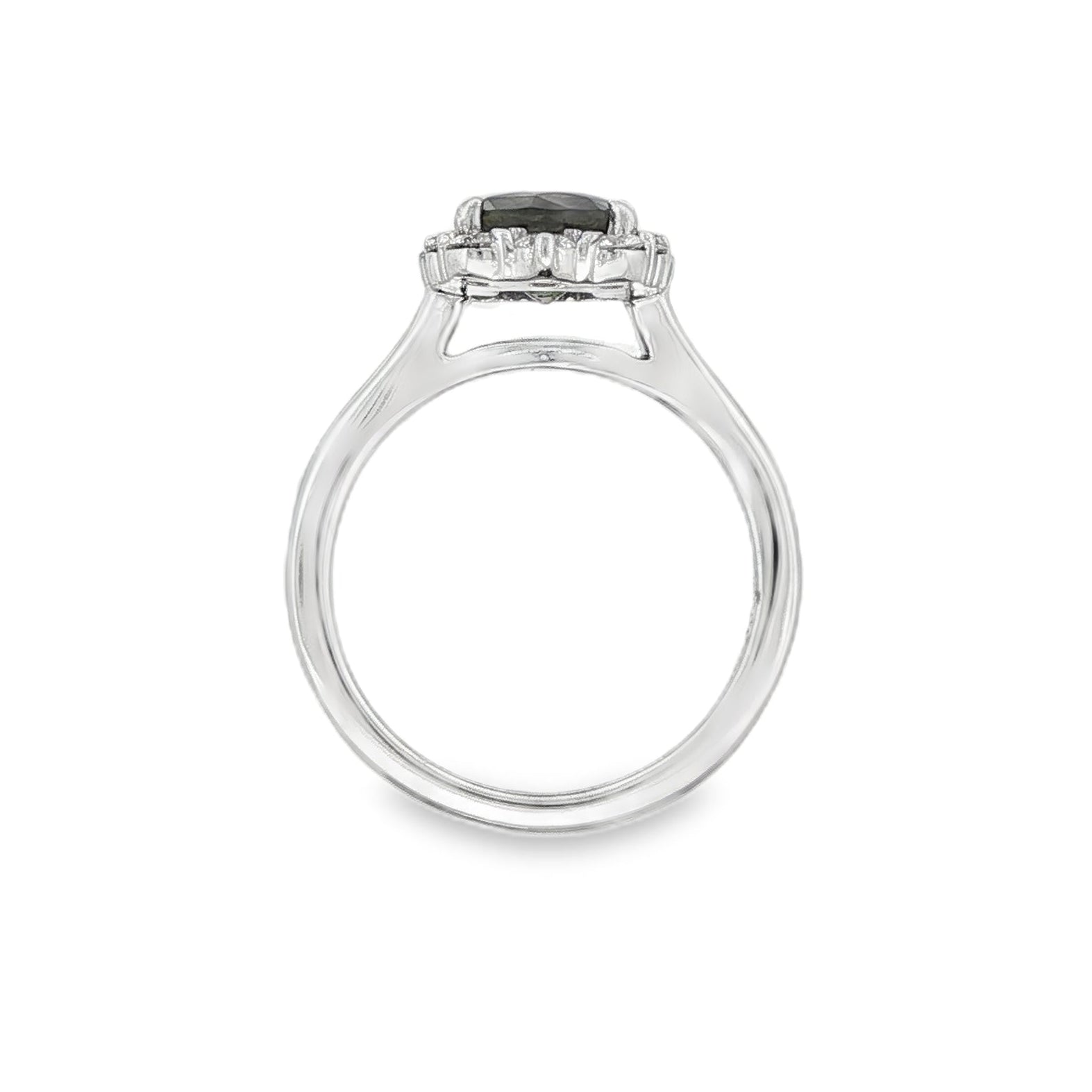 14K White gold ring set with a round green sapphire surrounded by a halo of round diamonds. Item, J31925 - ABC Jewelry Co.