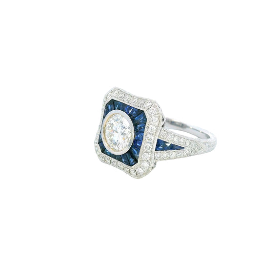 1 kt White Gold Art Deco Style Diamond & Sapphire Ring - J32017