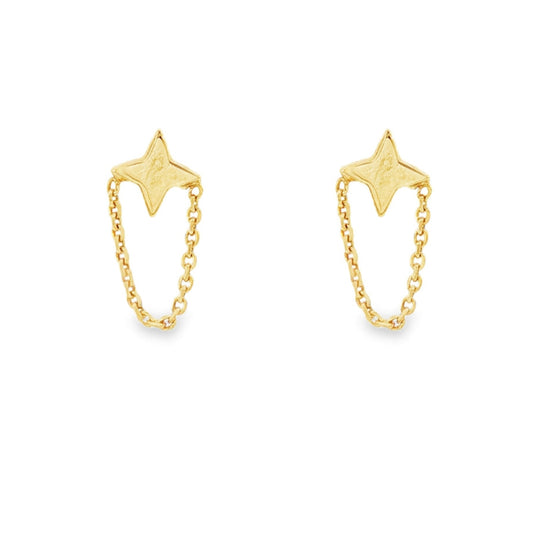 14K Yellow gold star burst earrings with delicate chain accents. Item J32110 - ABC Jewelry Co. 