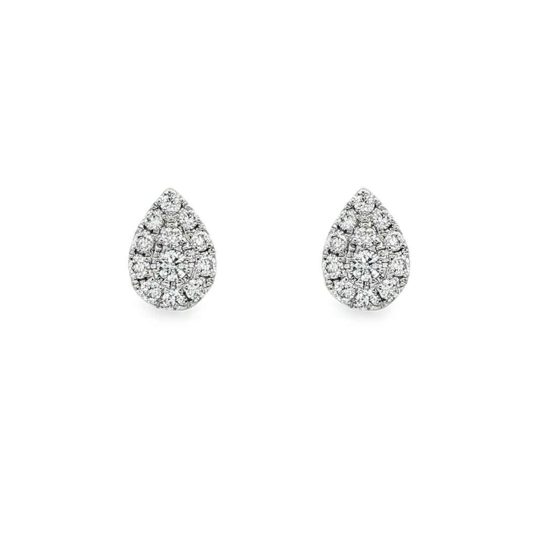 14K White gold earrings set with round brilliant diamonds set in a pear shape setting. Item J32154 - ABC Jewelry Co. 