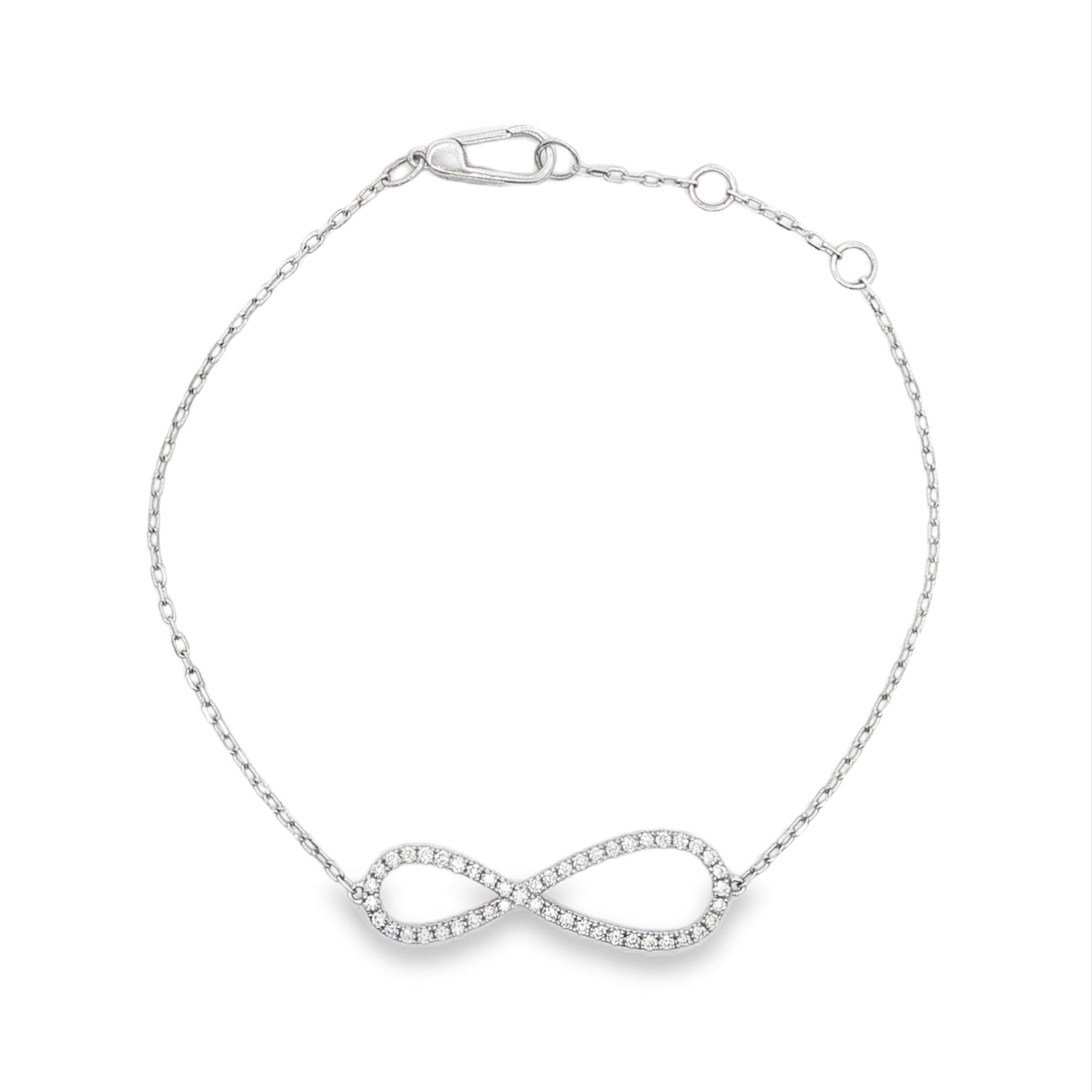 18K White gold delicate chain bracelet with diamond set infinity symbol. Item J33121 - ABC Jewelry Co