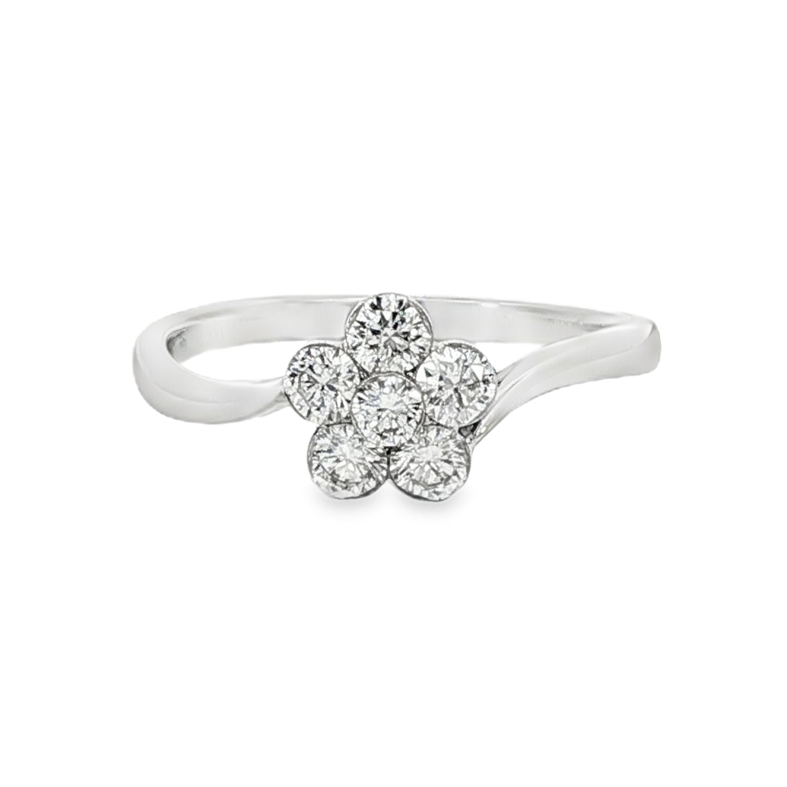 18K White gold diamond cluster ring in floral design with bypass style shank. Item J33161 - ABC Jewelry Co