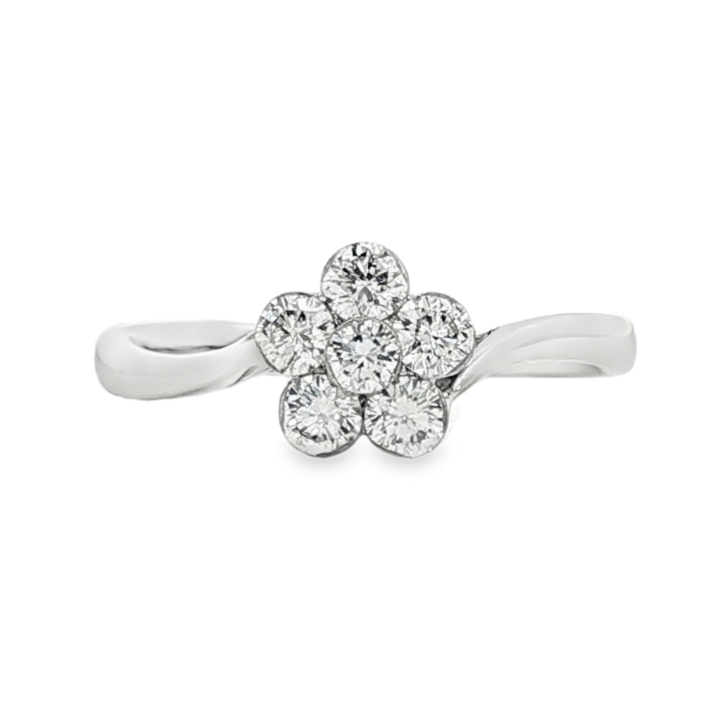18K White gold diamond cluster ring in floral design with bypass style shank. Item J33161 - ABC Jewelry Co