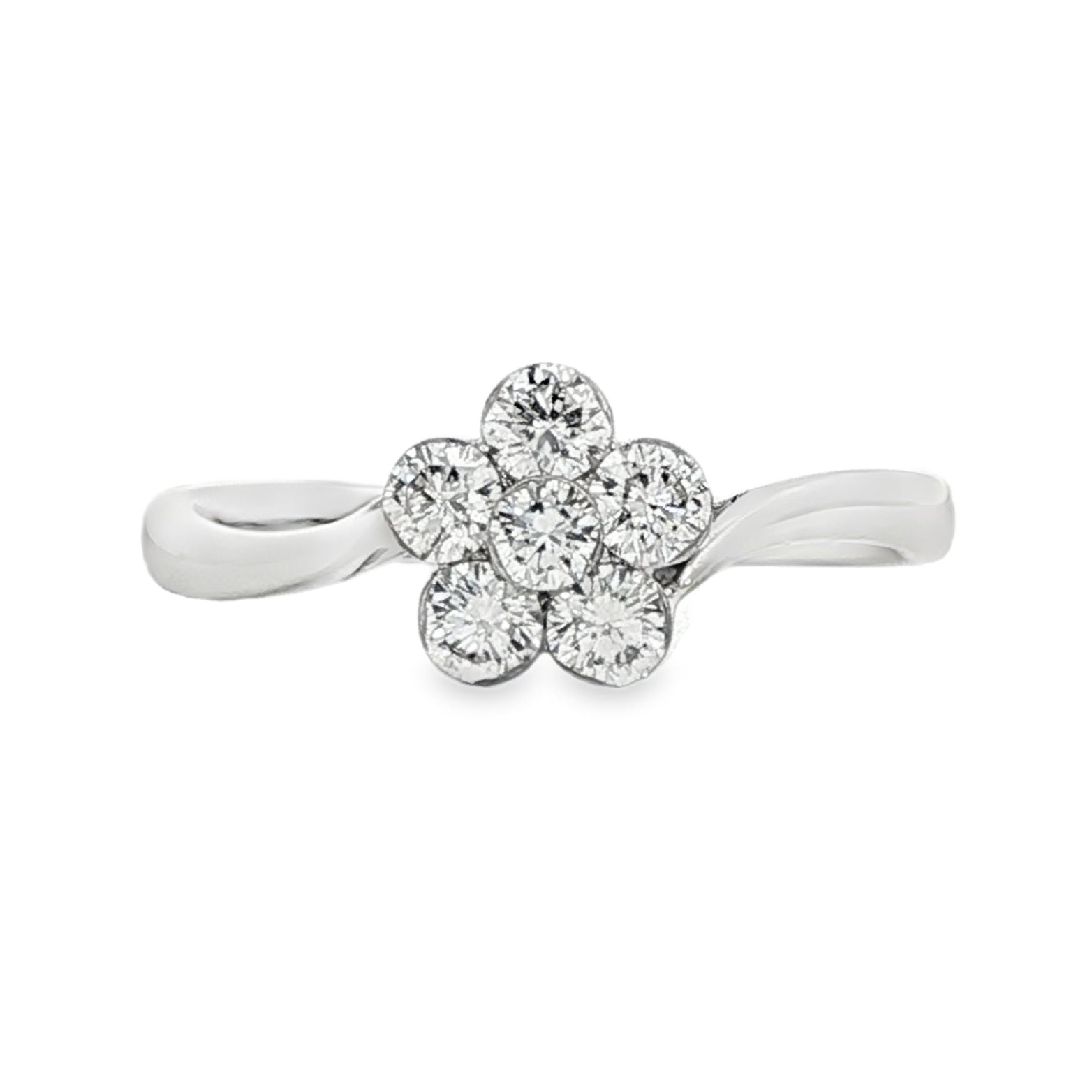 18K White gold diamond cluster ring in floral design with bypass style shank. Item J33161 - ABC Jewelry Co