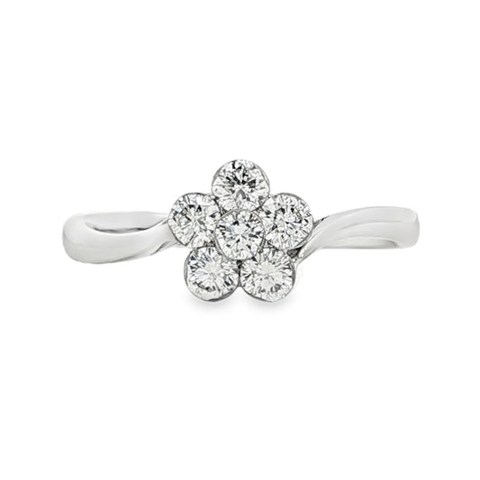 18K White gold diamond cluster ring in floral design with bypass style shank. Item J33161 - ABC Jewelry Co