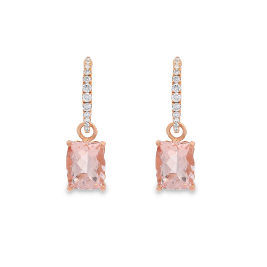 14K Rose gold earring jackets each featuring a cushion cut morganite. Item J34293 - ABC Jewelry Co. 