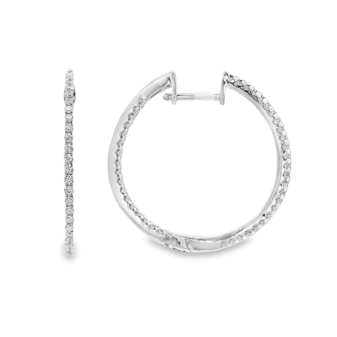 14K White gold slim hoop earrings set with round brilliant diamonds - item J34455, ABC Jewelry Co. 
