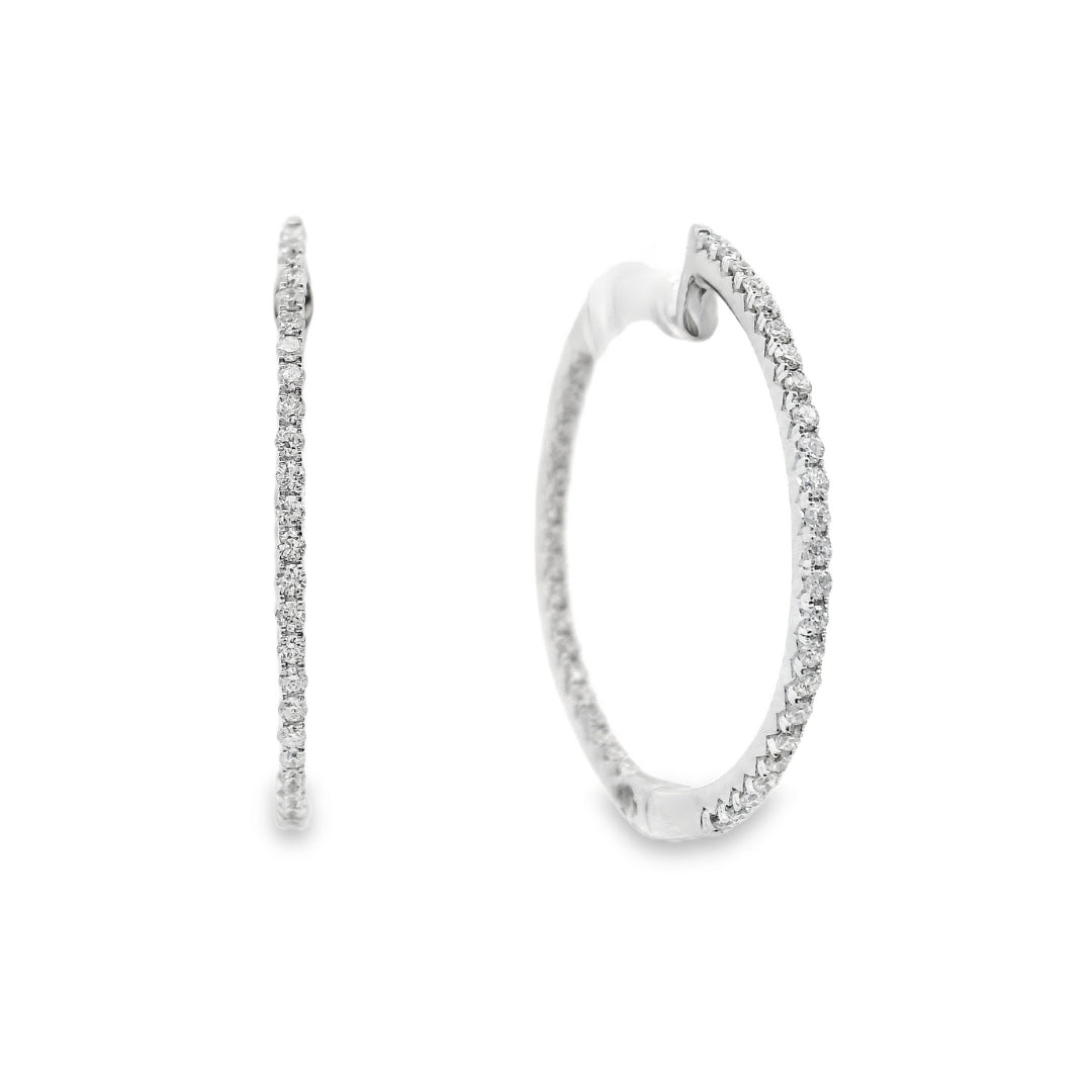 14K White gold slim hoop earrings set with round brilliant diamonds - item J34455, ABC Jewelry Co. 