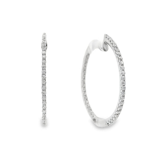 14K White gold slim hoop earrings set with round brilliant diamonds - item J34455, ABC Jewelry Co. 