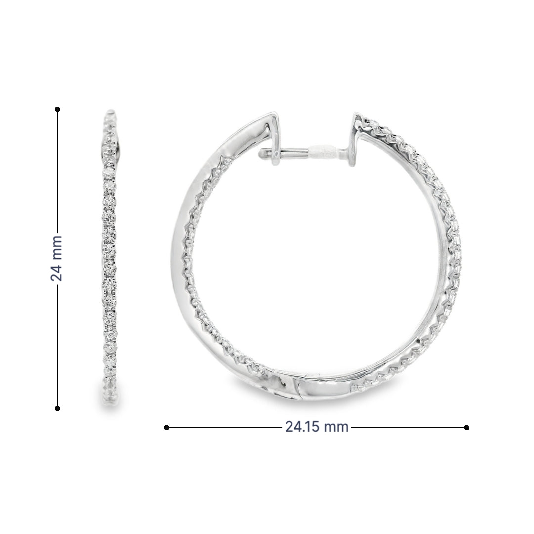 14K White gold slim hoop earrings set with round brilliant diamonds - item J34455, ABC Jewelry Co. 