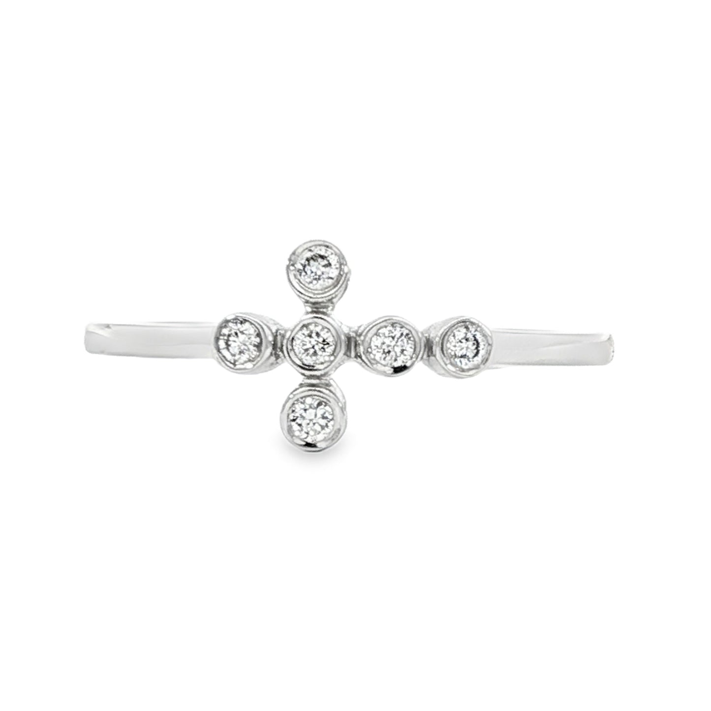 14K White gold ring with asymmetrical bezel set round diamonds. Item J34457 - ABC Jewelry Co