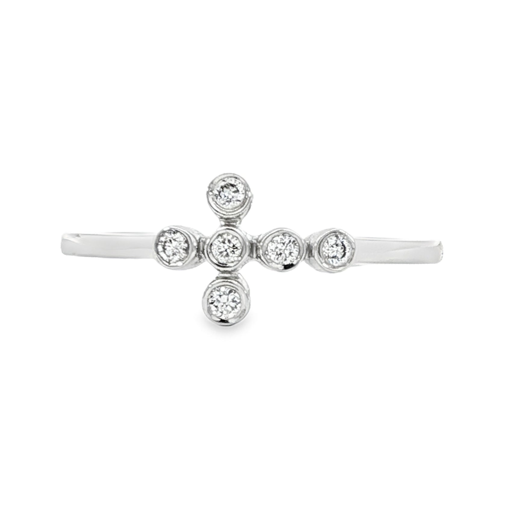 14K White gold ring with asymmetrical bezel set round diamonds. Item J34457 - ABC Jewelry Co