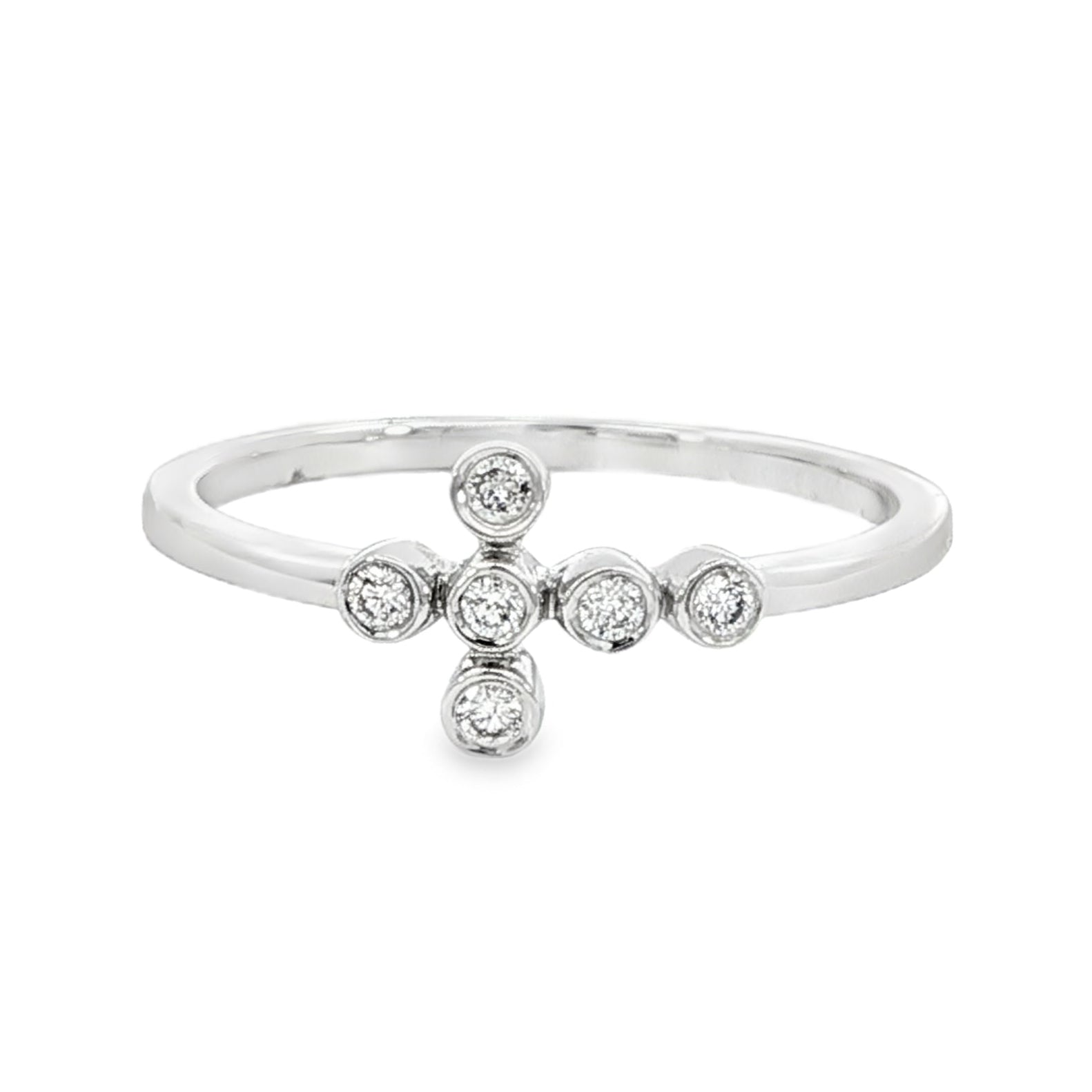 14K White gold ring with asymmetrical bezel set round diamonds. Item J34457 - ABC Jewelry Co