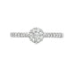 18K White gold ring featuring a round brilliant diamond center stone and accented with diamonds down the shank. Item J34776 - ABC Jewelry Co.