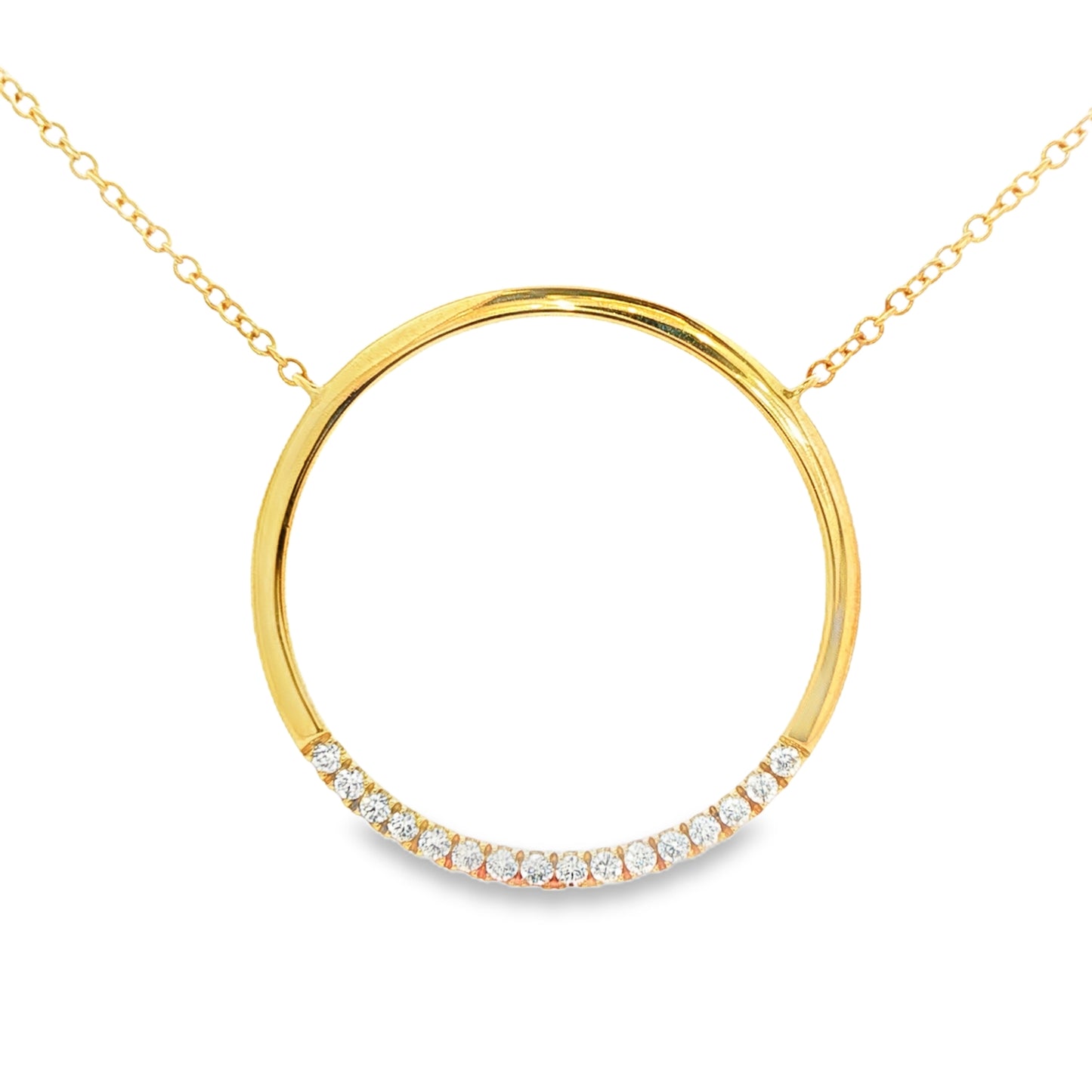 18K Yellow gold diamond necklace with diamond set circular pendant. Item J35008 - ABC Jewelry Co.