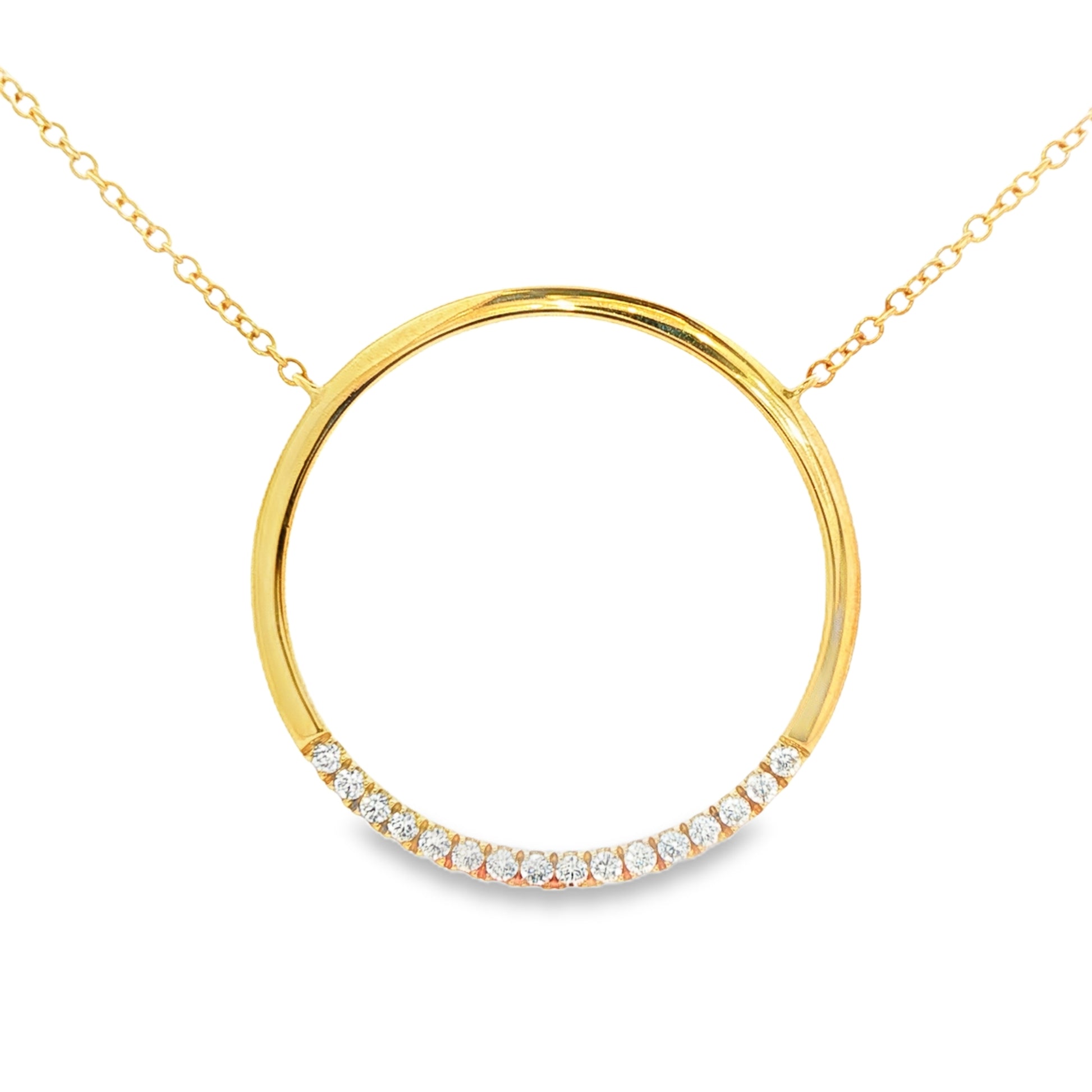 18K Yellow gold diamond necklace with diamond set circular pendant. Item J35008 - ABC Jewelry Co.
