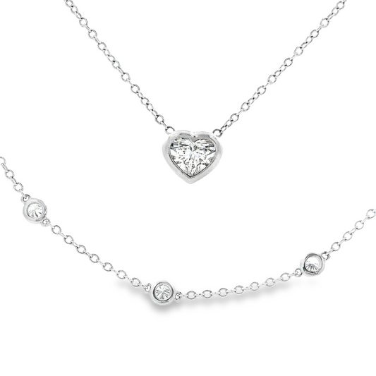 14K White Gold - Heart Shaped Diamonds By The Yard Necklace - J35174
