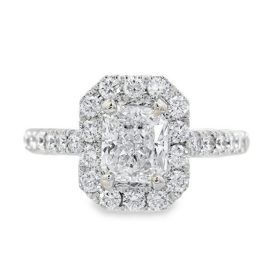 18K White Gold - Radiant Cut Diamond Halo Engagement Ring - J35249