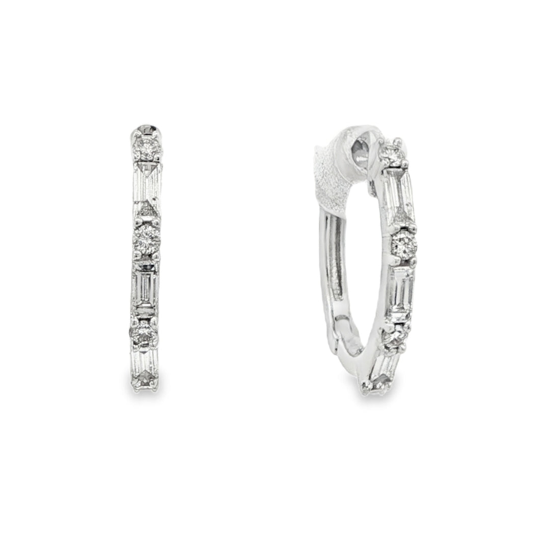 14K White gold hoop earrings set with baguette diamonds and round brilliant diamonds. Item J35473 - ABC Jewelry Co.