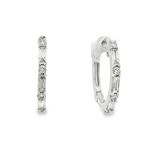 14K White gold hoop earrings set with baguette diamonds and round brilliant diamonds. Item J35473 - ABC Jewelry Co.