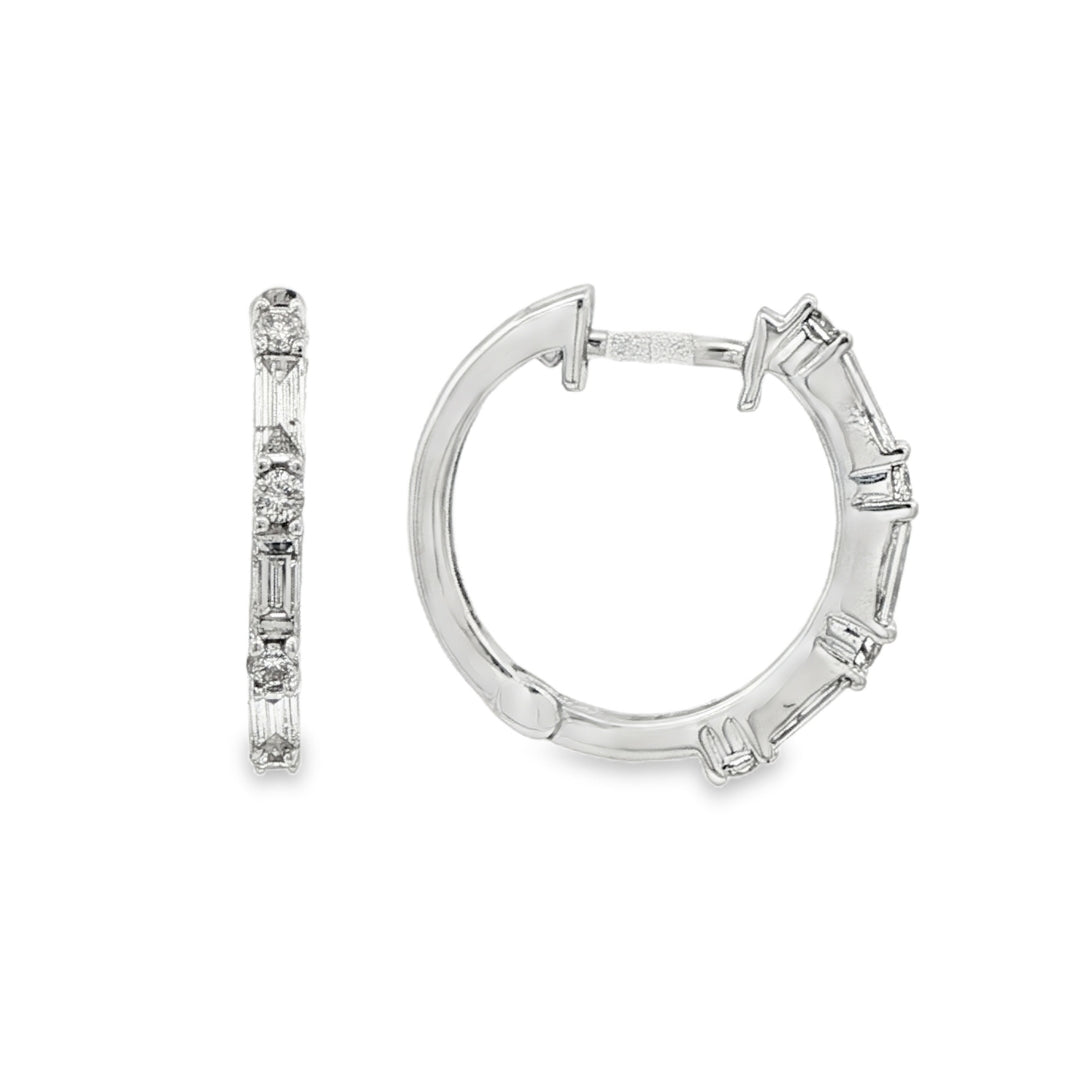 14K White gold hoop earrings set with baguette diamonds and round brilliant diamonds. Item J35473 - ABC Jewelry Co.