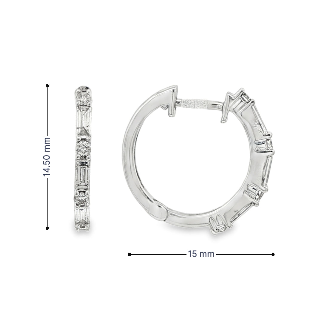 14K White gold hoop earrings set with baguette diamonds and round brilliant diamonds. Item J35473 - ABC Jewelry Co.