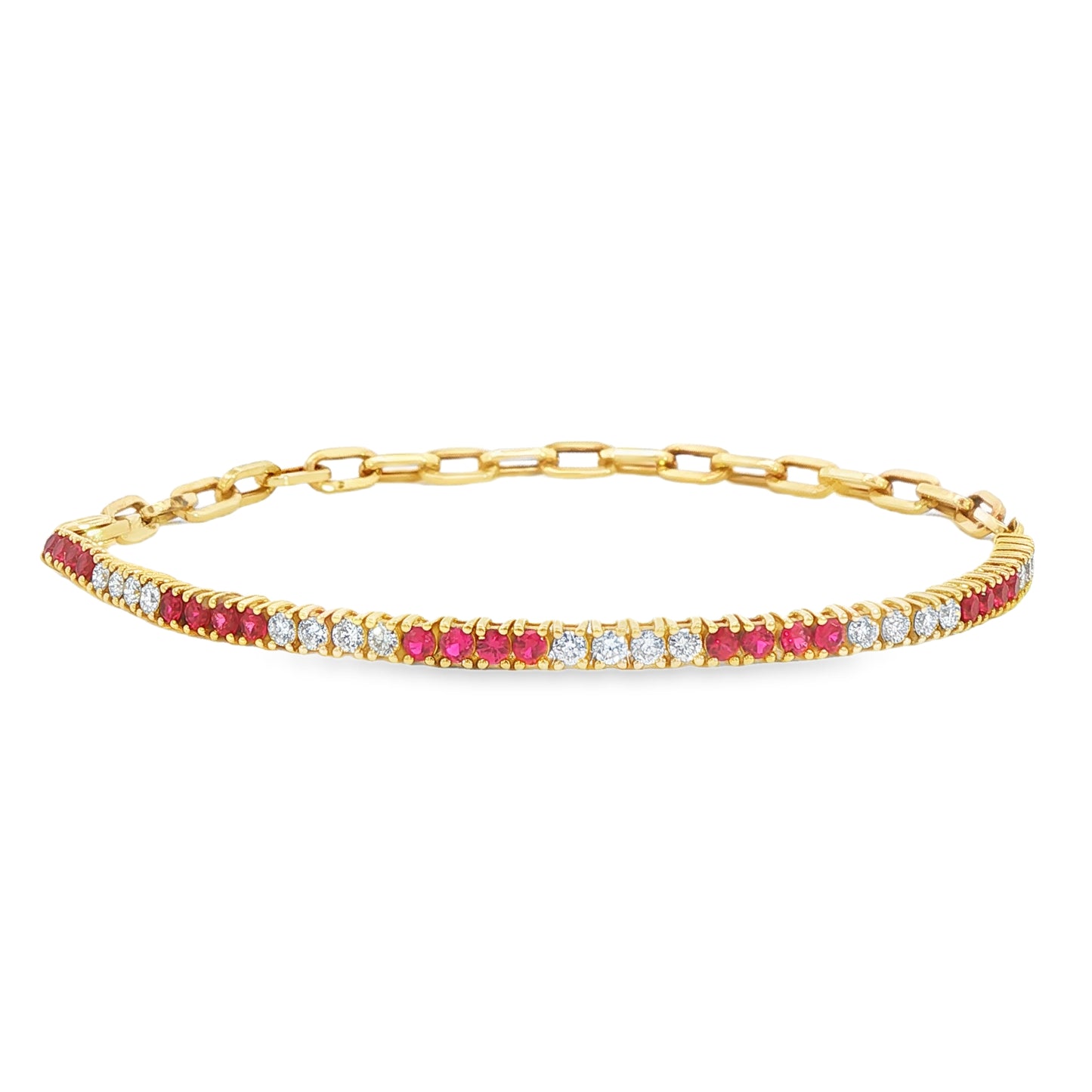 14K Yellow gold chain bracelet with alternating stacks of red rubies and diamonds. Item J35481 - ABC Jewelry Co. 