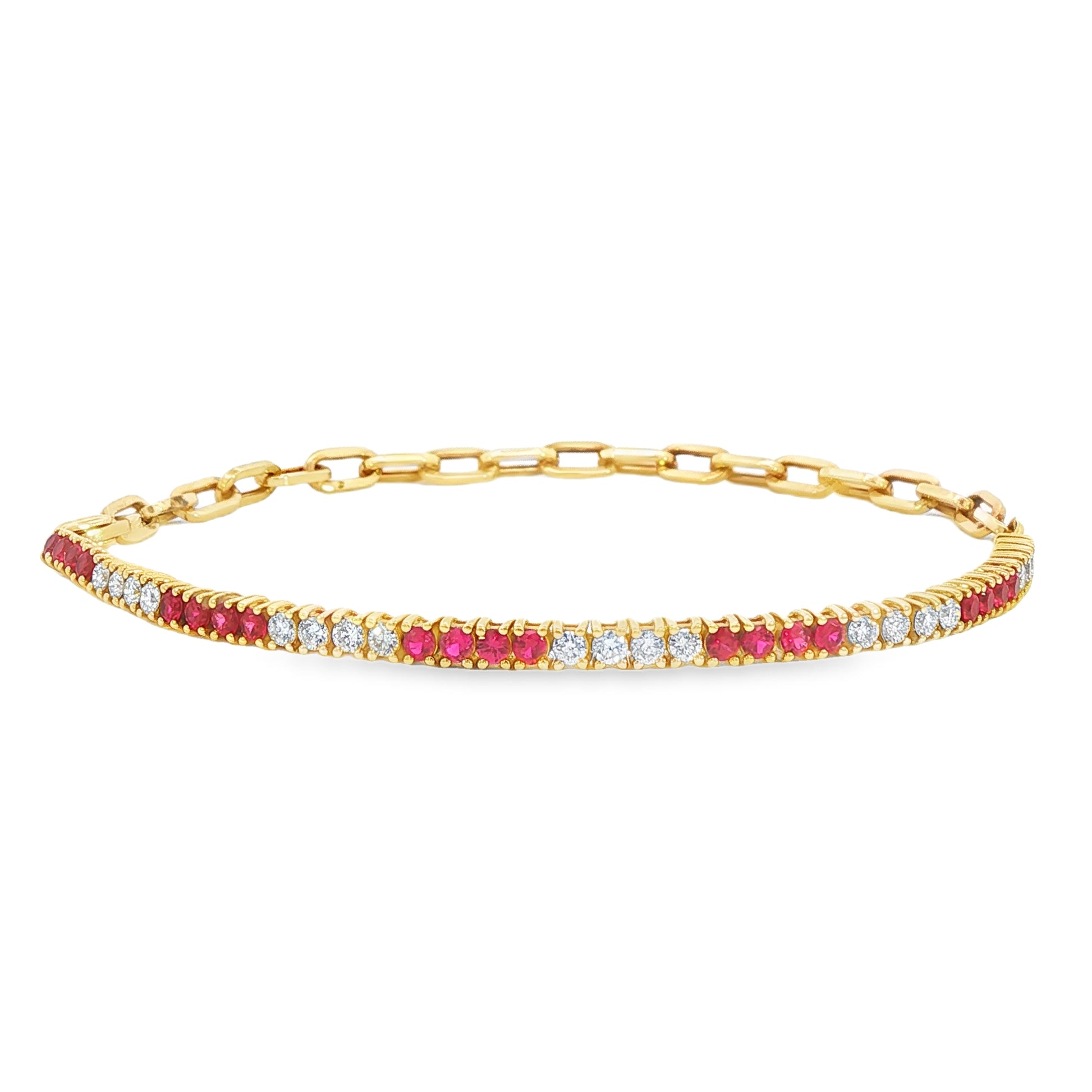 14K Yellow gold chain bracelet with alternating stacks of red rubies and diamonds. Item J35481 - ABC Jewelry Co. 