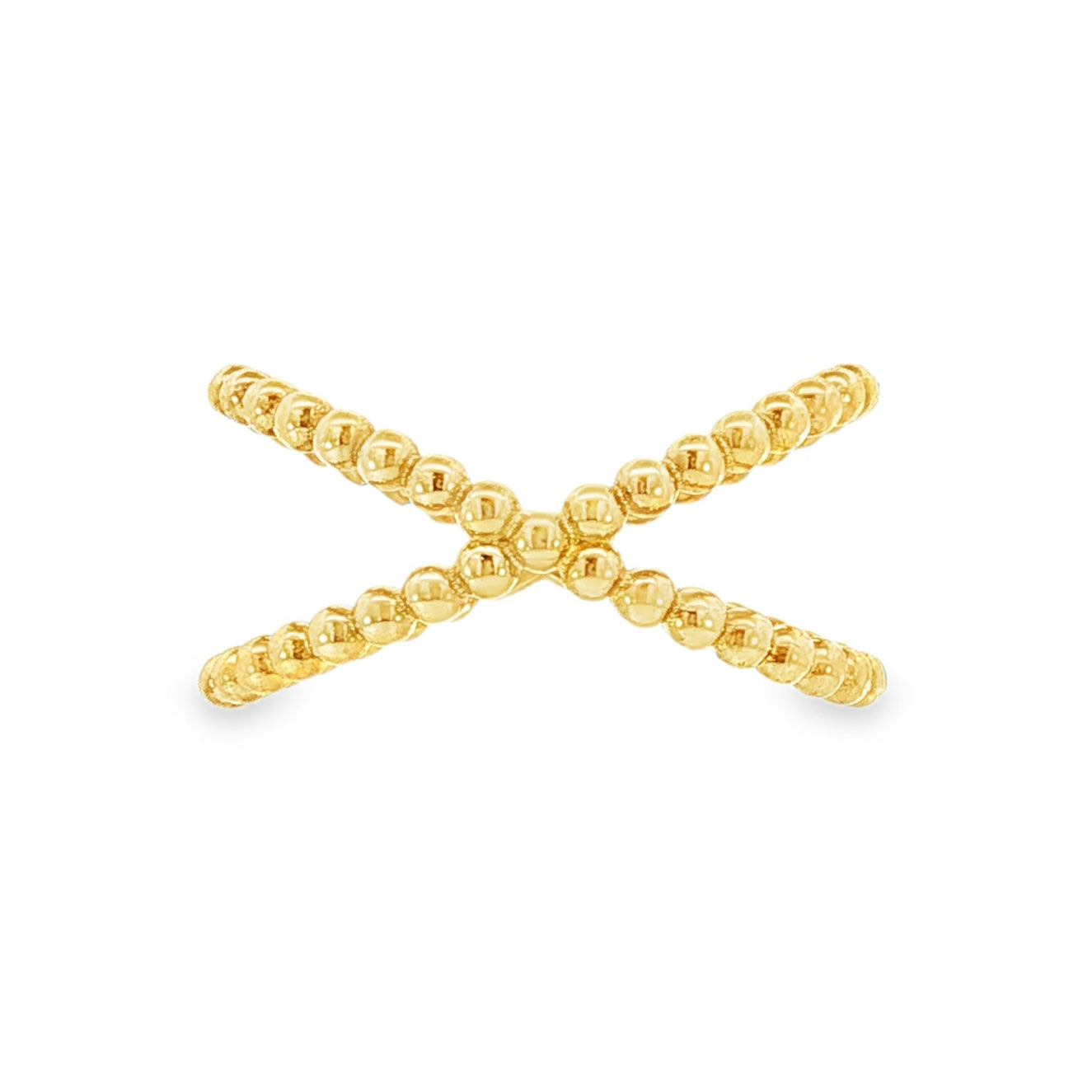 14K Yellow gold ring with crossed beaded bands. Item J35547 - ABC Jewelry Co.