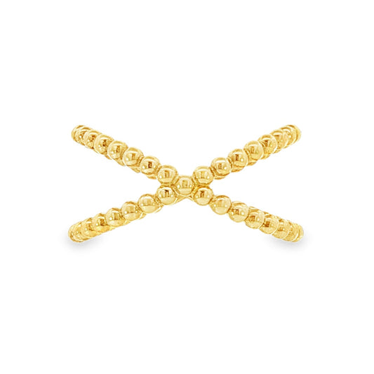 14K Yellow gold ring with crossed beaded bands. Item J35547 - ABC Jewelry Co.