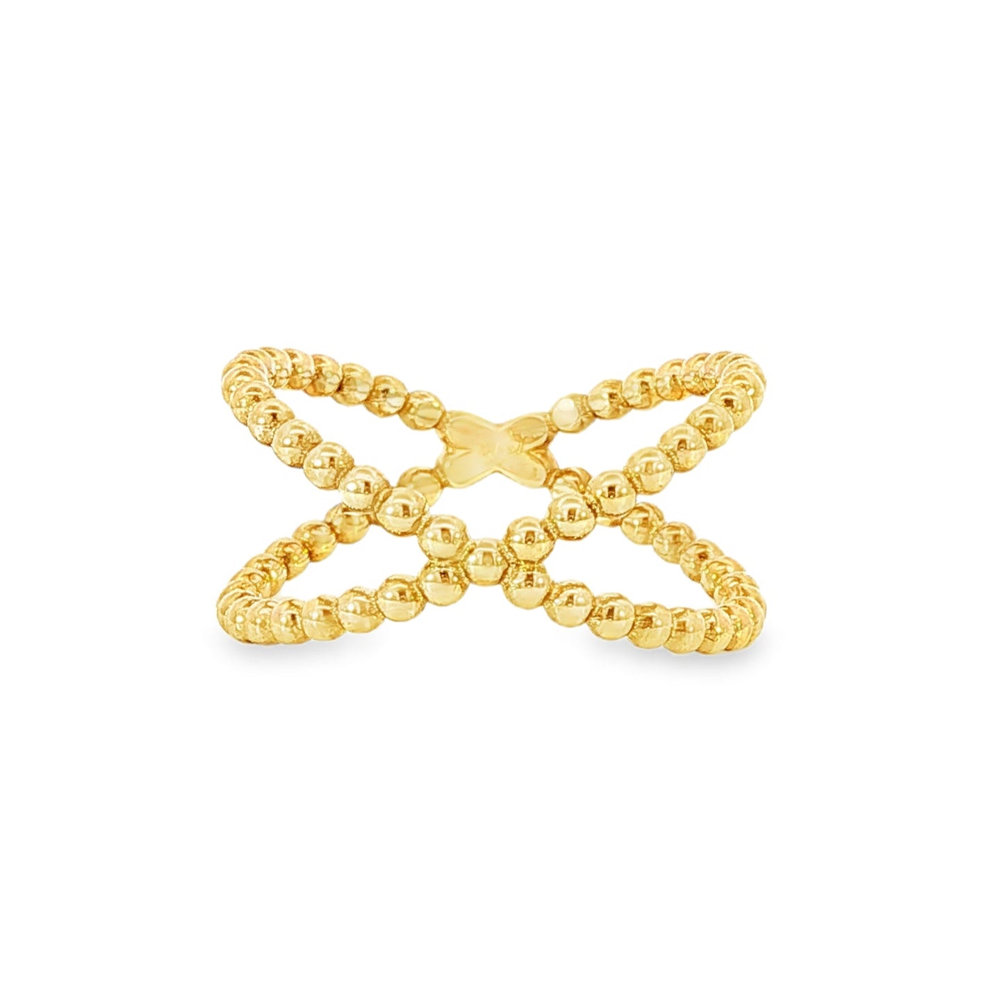 14K Yellow gold ring with crossed beaded bands. Item J35547 - ABC Jewelry Co.