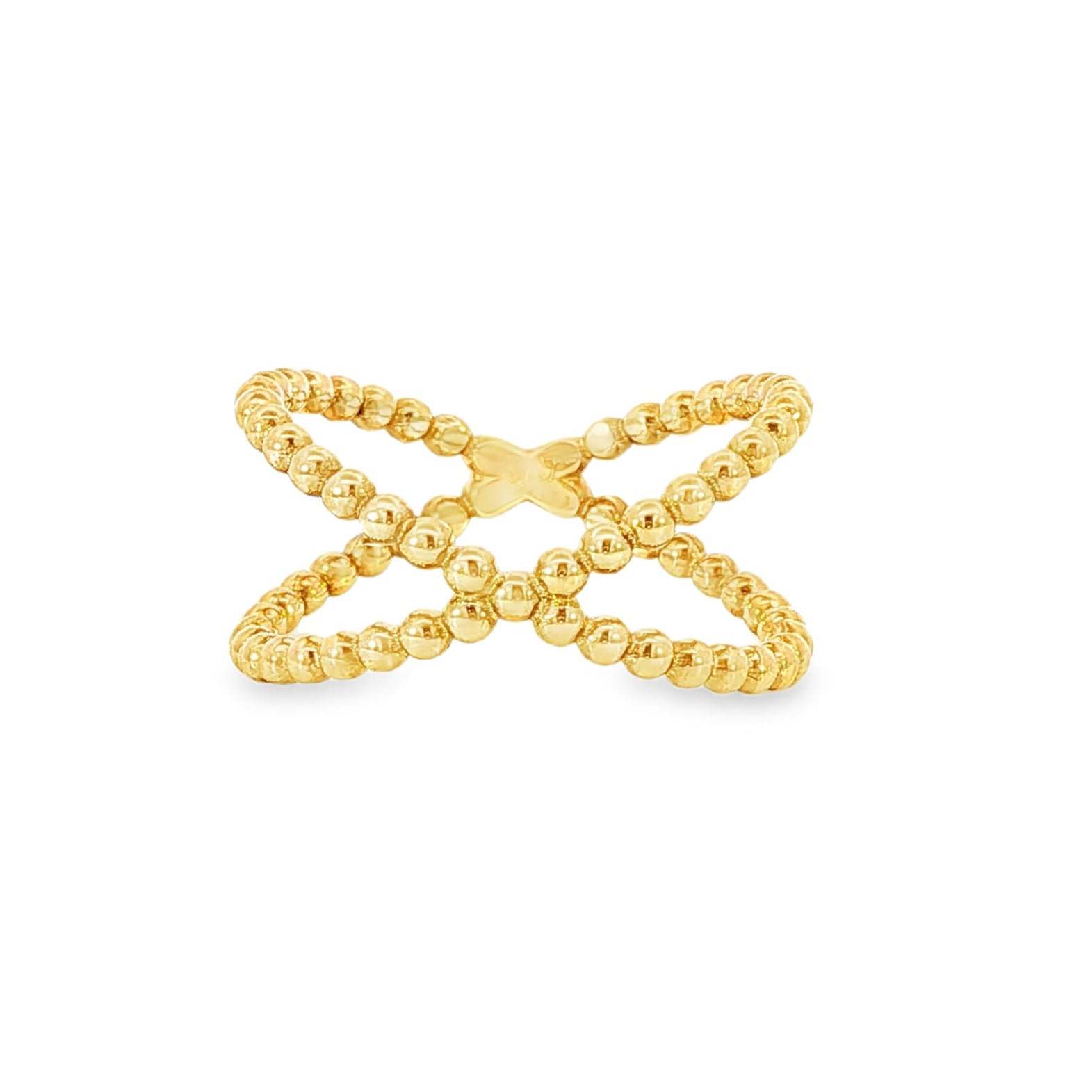 14K Yellow gold ring with crossed beaded bands. Item J35547 - ABC Jewelry Co.