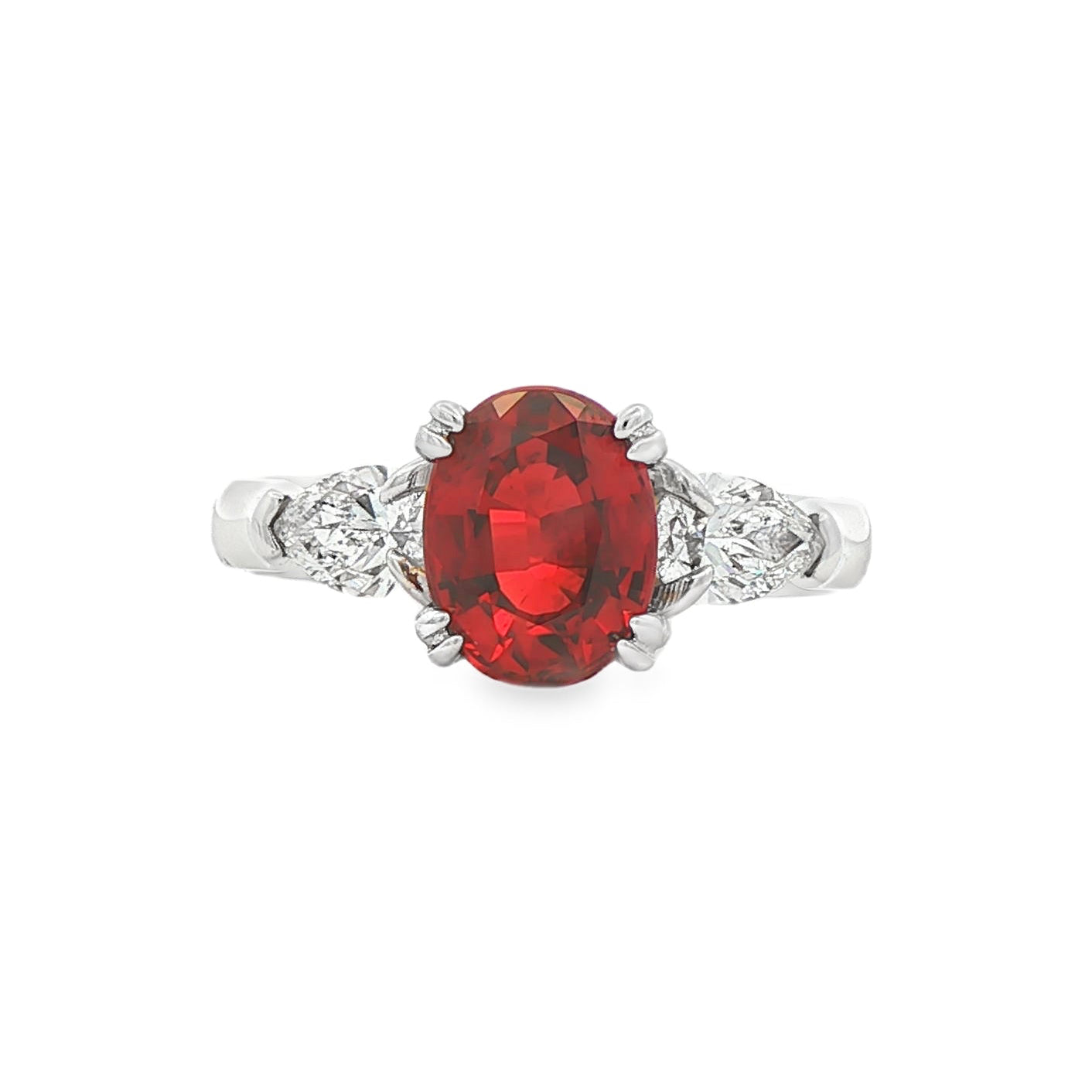 14K White gold ring with red ruby center and pear shape diamond shoulders. Item J35580 - ABC Jewelry Co. 