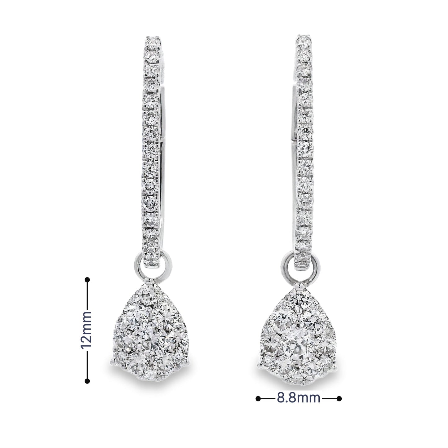 18K White gold earring jackets featuring clusters of diamonds, shown on white gold diamond hoop earrings. Item J35758 - ABC Jewelry Co