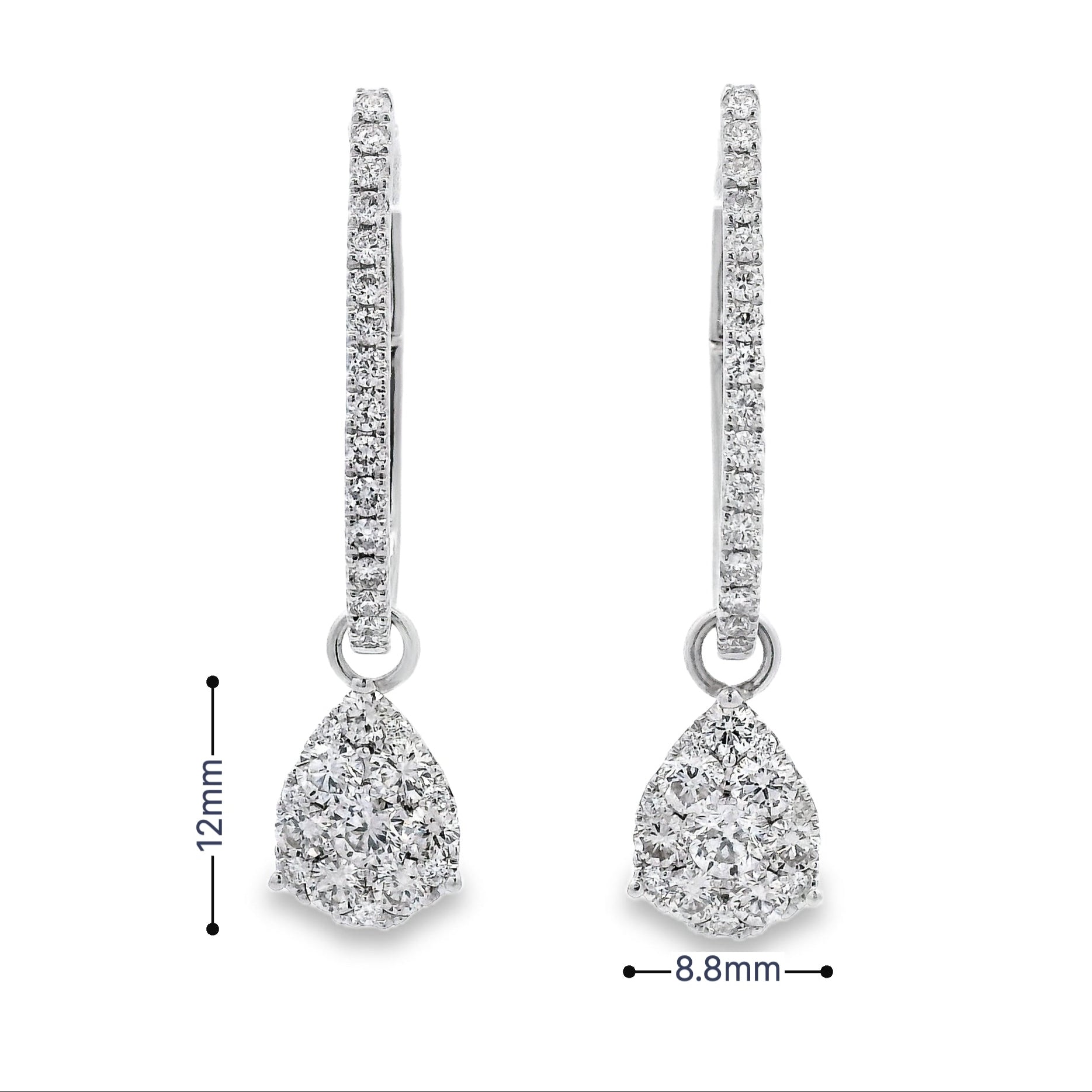18K White gold earring jackets featuring clusters of diamonds, shown on white gold diamond hoop earrings. Item J35758 - ABC Jewelry Co