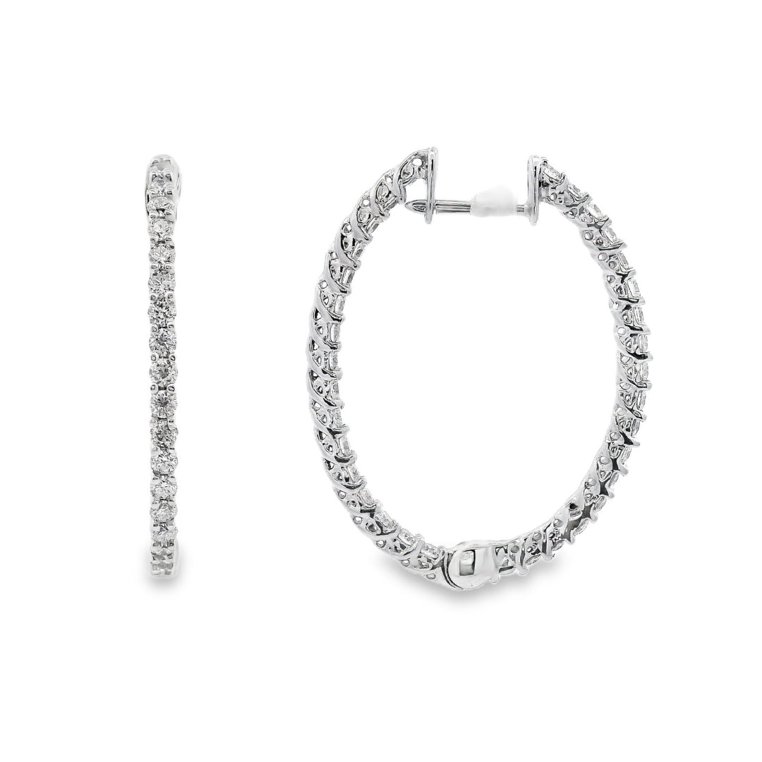 18K White gold delicate hoop earrings set with round brilliant diamonds - item J35792, ABC Jewelry Co